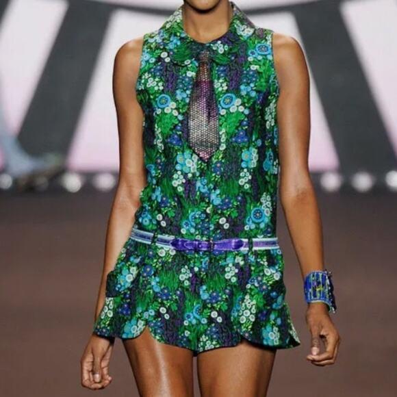 Anna Sui Shorts Romper 2010 Collection Floral Silk Linen Petal Collar USA Size 4 - Picture 1 of 14